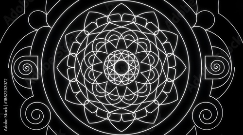 Intricate sacred geometry mandala pattern with radiating floral and geometric elements on a dark background, symbolizing spiritual harmony and enlightenment