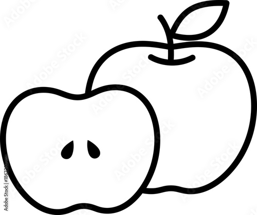 Apple fruit icon in line art style with half cut showing seeds. Concept organic food and fresh healthy diet. Vector graphic illustration