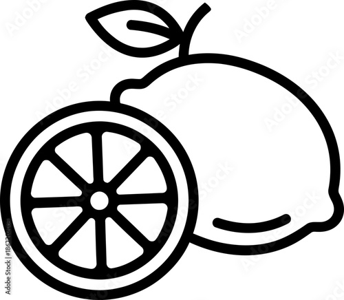 Whole lemon fruit and a half slice of lemon. Citrus fruit concept. Healthy food ingredient. Minimalist outline illustration, vector icon