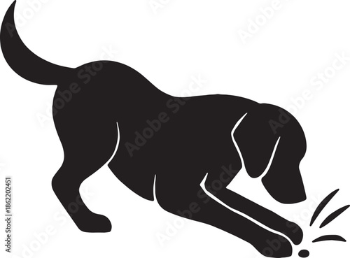 A black silhouette of a dog actively sniffing the ground