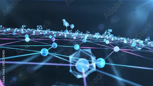 A mesmerizing abstract animation features a vibrant digital network of glowing blue and purple spheres interconnected by illuminated lines, symbolizing data flow, intricate systems, and global connect