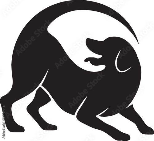 A sleek black silhouette of a dachshund stretching and looking back
