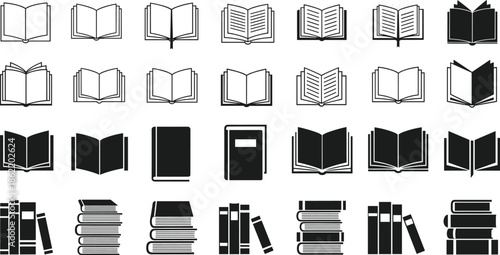 Book icon set, open closed stacked books, black white silhouette graphics, reading education library symbols, flat vector illustration