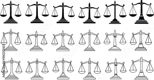 Balance scale icons, justice symbols in black and outline styles, legal fairness concept set, flat vector illustration