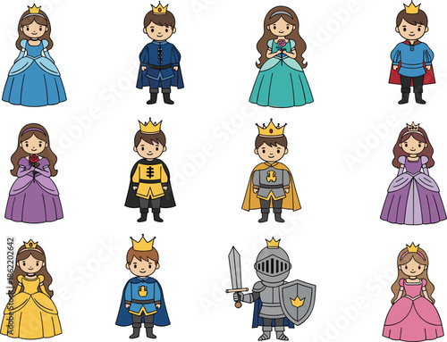 Cartoon royal character icons, princess prince knight in crown and armor, fairy tale costume set, flat vector illustration