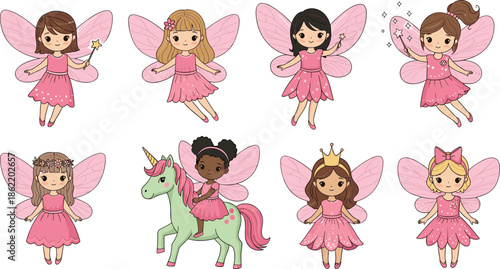 Cartoon fairies and unicorn, pink wings dresses crown wand sparkles, fantasy character set, flat vector illustration