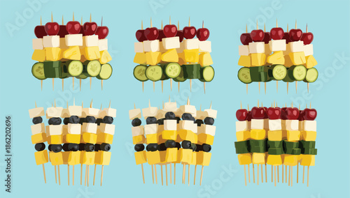 Fruit and vegetable skewers, healthy snack icons, party appetizer set, colorful food graphic, flat vector illustration