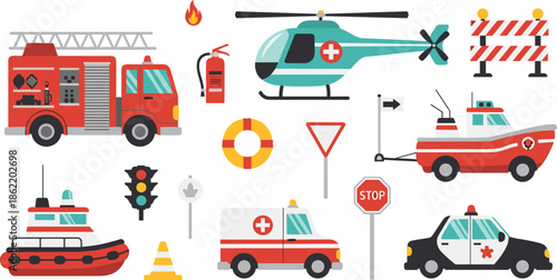 Emergency rescue icons, fire truck ambulance police helicopter boat extinguisher signs equipment, public safety set, flat vector illustration