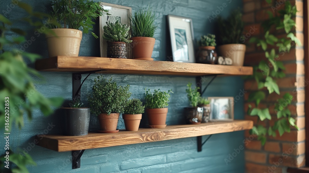 Fototapeta premium Stylish plant display on wooden shelves modern home cozy environment view