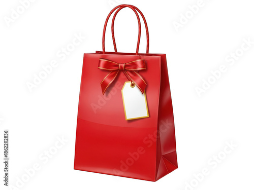 Beautiful red gift bag with ribbon and tag