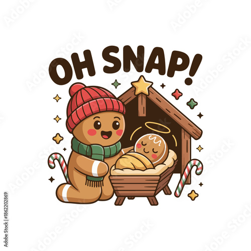 Gingerbread man exclaims oh snap holding candy cane amongst falling crumbs