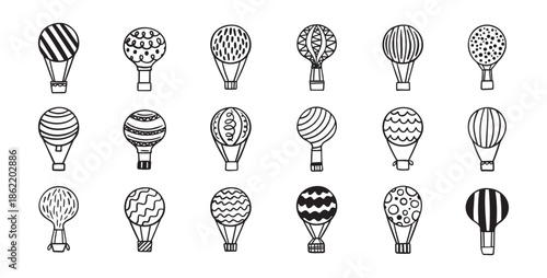 Hot air balloon doodle set. Hand drawn Hot air balloons line vector illustration