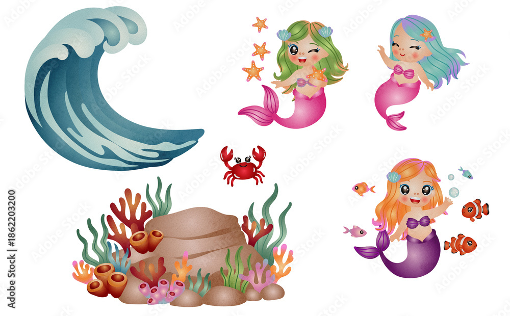 Fototapeta premium cute mermaid with sea life elements illustration set. watercolor hand drawn style.