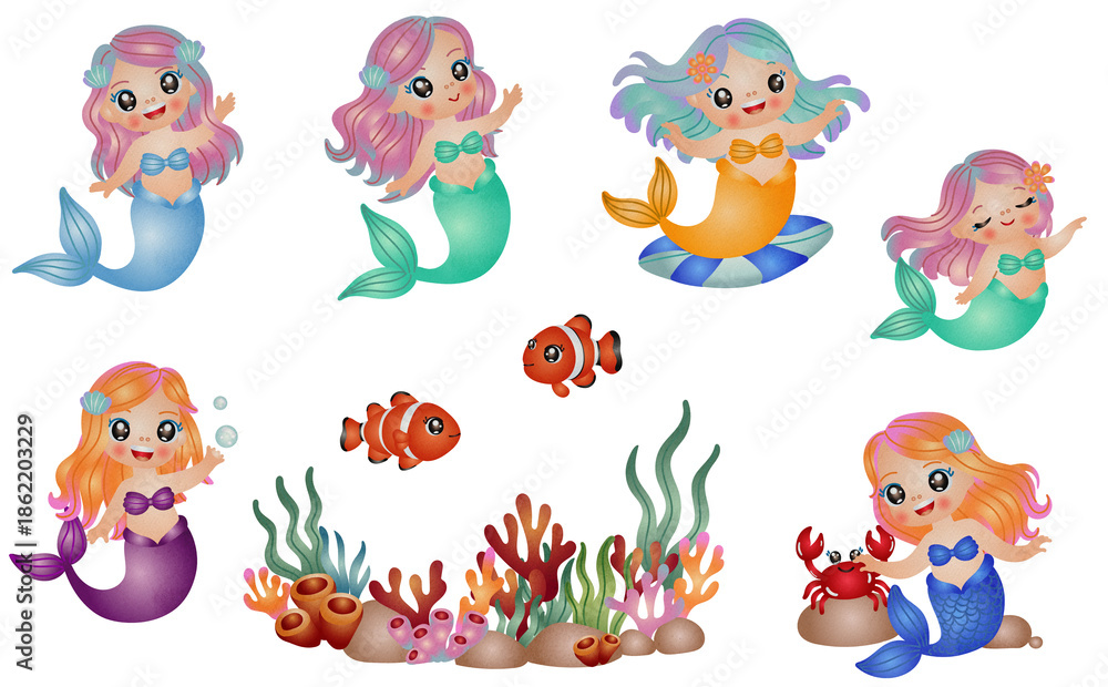 Obraz premium cute mermaid with sea life elements illustration set. watercolor hand drawn style.
