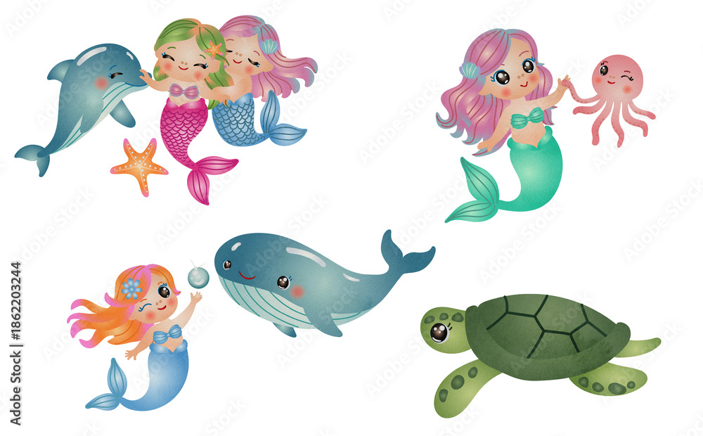 Obraz premium cute mermaid with sea life elements illustration set. watercolor hand drawn style.