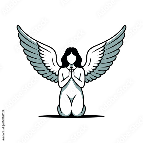 Kneeling angel figure shows peace with large feathered.