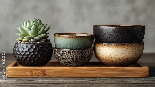 Elegant Still Life of Ceramic Bowls and Succulent Plant Arrangement