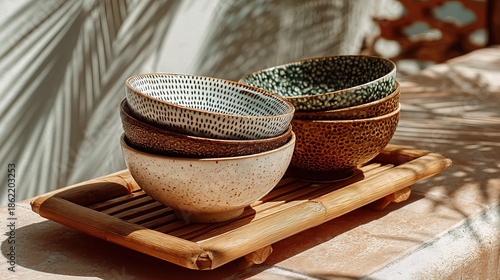Stacked Ceramic Bowl Still Life Arrangement with Bamboo Tray and Shadow