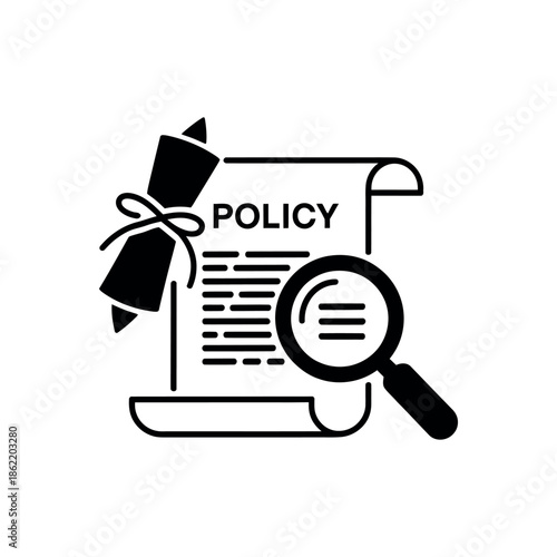 Magnifying glass examines policy document with rolled.