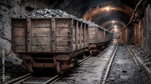 Detailed Industrial Coal Mine Cart Inside Tunnel Image Depicting Mining