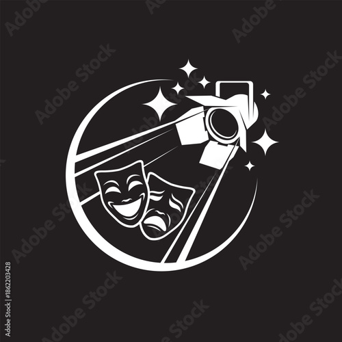 icon of comedy and tragedy theatrical masks with spotlight isolated on black background