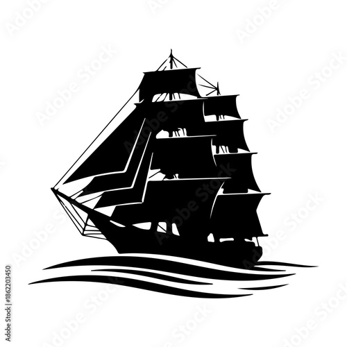 Silhouette Tall Ship Sailing on Waves, Vintage Nautical Exploration Vessel