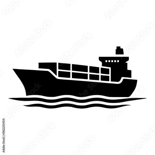 Cargo Ship Silhouette on Water, Container Vessel, Maritime Logistics Icon