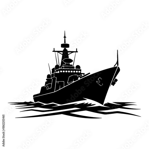 Silhouette of Modern Warship at Sea, Navy Destroyer Sailing Through Waves