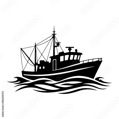 Silhouette of Fishing Trawler Boat Sailing on Waves, Maritime Industry Vector