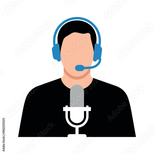 Broadcaster wearing headset records audio for podcast.