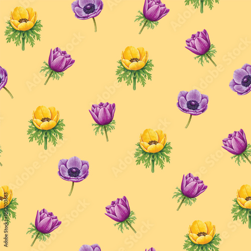 Seamless floral pattern with the first spring flowers on a yellow background