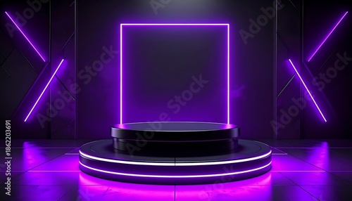 Abstract futuristic 3D podium on a dark stage with glowing purple neon lights and a square frame