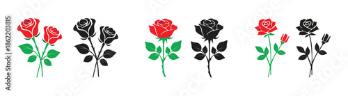 Decorative rose and leaf set flower silhouettes vector illustration on white background.