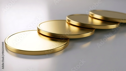 Golden coins stacked on a reflective surface viewed from a low angle