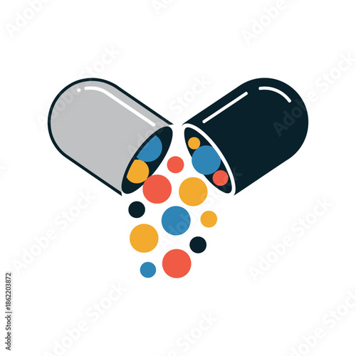 Medical capsule opens spilling colorful round vitamin.