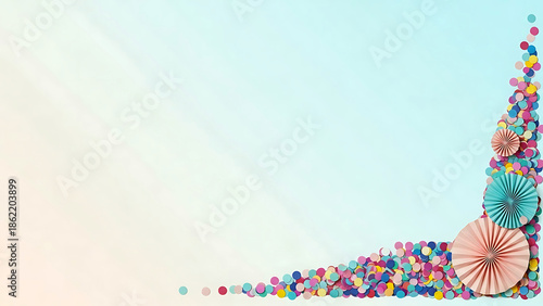 Colorful confetti and decorations scattered on a pastel background with soft lighting