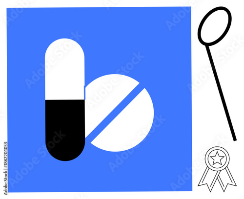 Healthcare, medicine, pharmaceutical industry, drug development, medical research, quality assurance. Capsule and tablet on blue background with medal and magnifying glass symbols. Healthcare