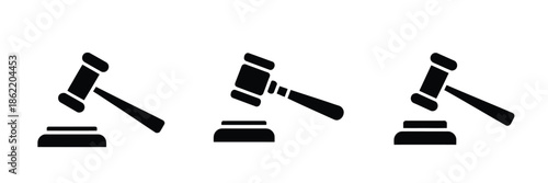 Gavel icons collection, flat vector illustrations of judge gavels in different styles, legal and courtroom symbol set, isolated design for law, justice, and legal system concepts.