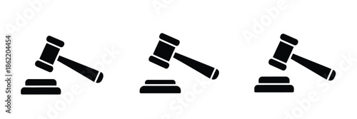 Judge gavel icon set, vector illustrations in various flat styles, courtroom and legal symbols, law and justice representation, isolated graphics for legal, business, and government design projects.