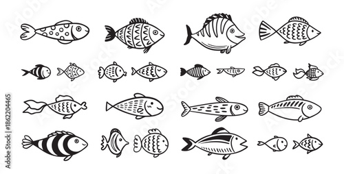 Doodle fish icon set. hand drawn Fish sketch collection. Underwater world sea life ocean