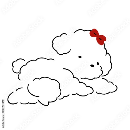 Adorable, hand-drawn puppy illustration with a red bow and doodles. Perfect for cards, decor, or cute merchandise.	
