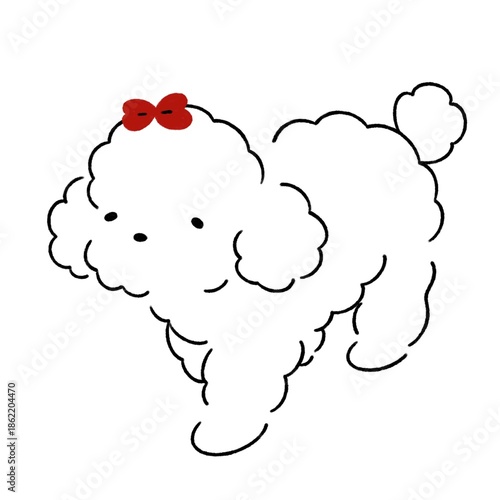 Adorable, hand-drawn puppy illustration with a red bow and doodles. Perfect for cards, decor, or cute merchandise.	
