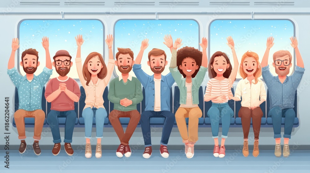 Fototapeta premium Joyful group of friends celebrating together on a public transit journey cartoon style vibrant colors cheerful atmosphere