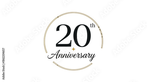 Minimalist 20th Anniversary logo with clean black text in a thin golden circular frame, isolated white background.