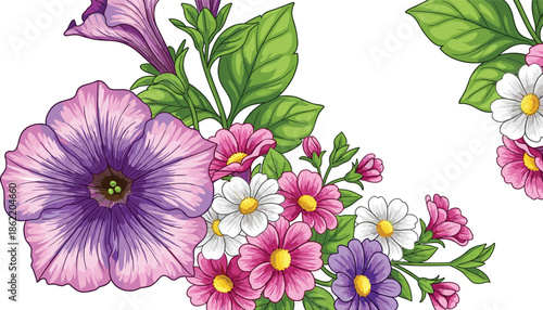 Floral corner arrangement with petunia and daisy flowers, green leaves, and buds for decorative, garden, nature, and design themes