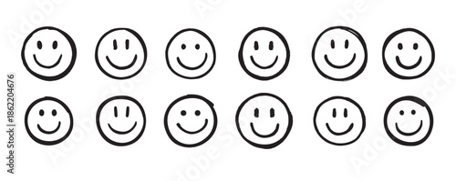 Smile face Doodle sketch style icon set. Smiling face hand drawn, happy emotion concept.