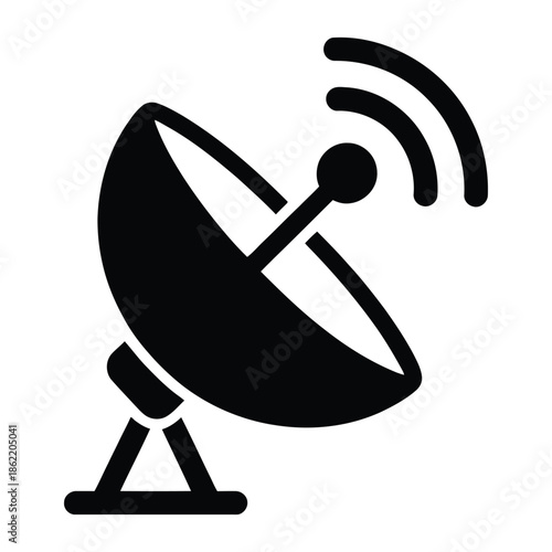 Satellite dish icon transmits communication signals against a white.