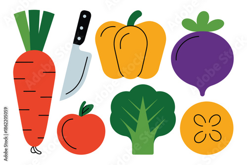 Assortment of fresh cooking vegetables and a sharp kitchen knife are.