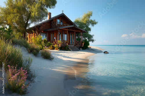Peaceful Beachfront Log House with Turquoise Ocean View
