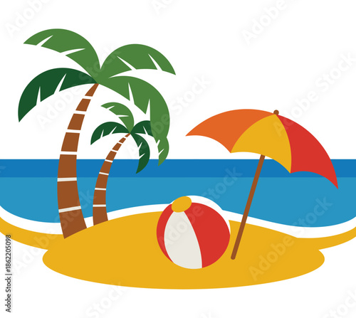 Tropical beach scene features palm trees, an umbrella, and a colorful.